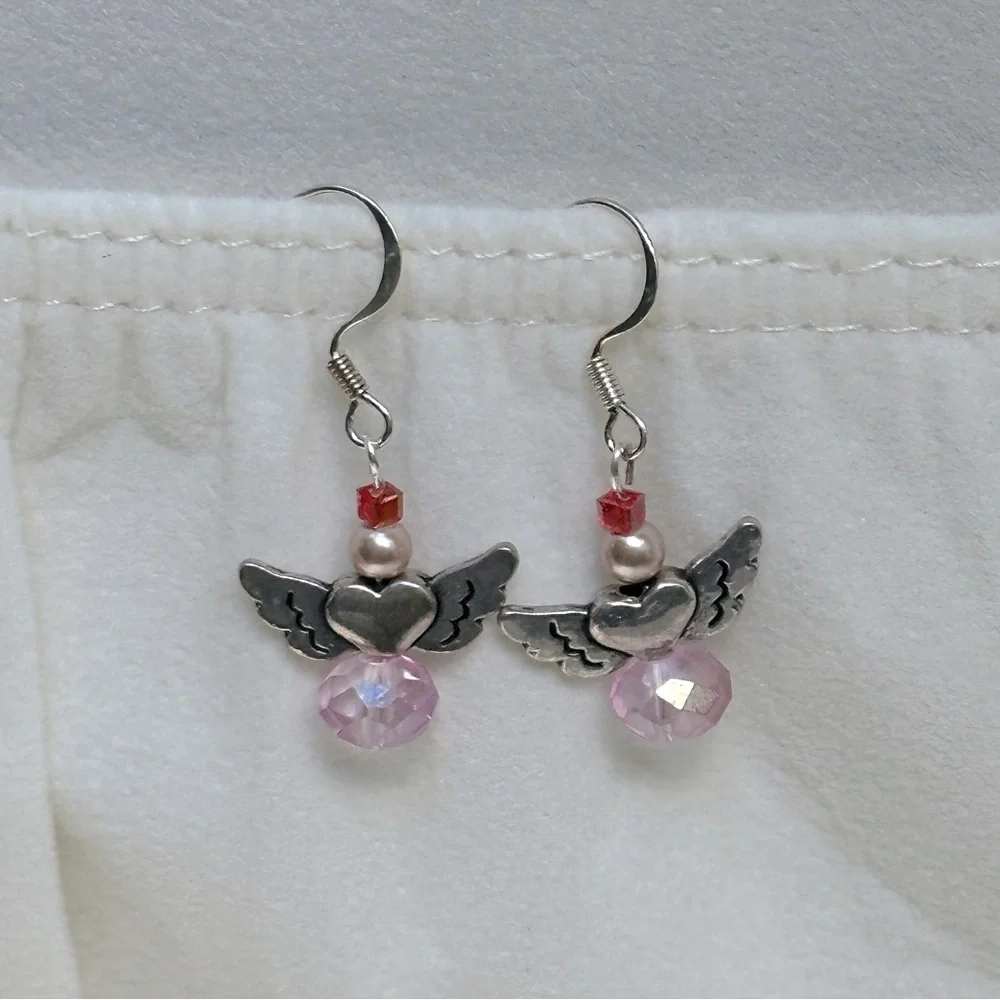 Handmade Pink Heart Wings Angel Earrings Glass & Faux Pearls Dainty Silver Tone - Picture 1 of 8